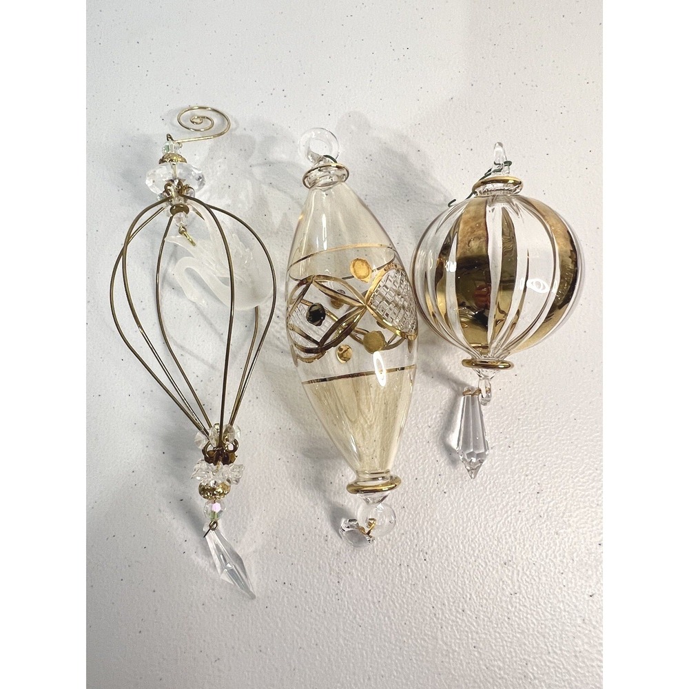 Hand Blown Iridescent Clear Glass Finials Christmas Ornaments Gold Tone Swan VTG